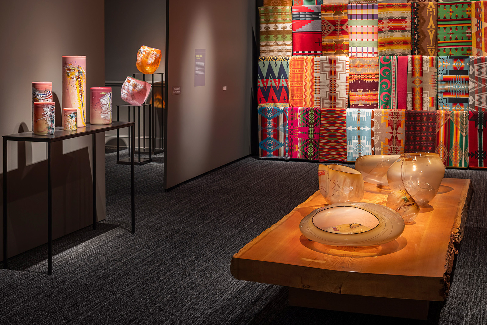 Chihuly, Tabac Baskets, 2017 with Western trade blankets, Soft Cylinders (detail), 2014, and Peach Cylinders with Indian Blanket Drawings