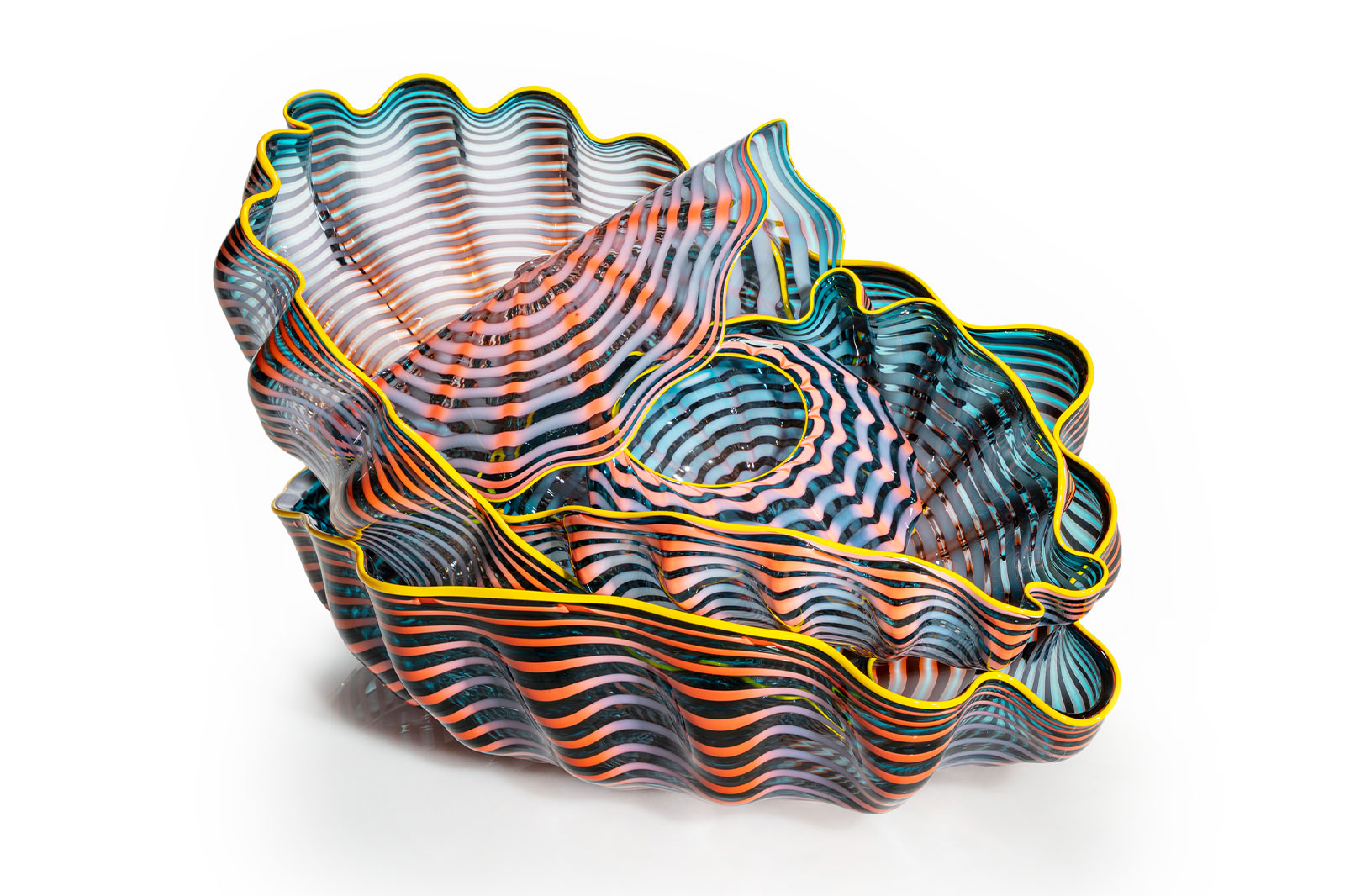 Salmon Blue Seaform Set with Bright Sun Lip Wraps, 2001, by Dale Chihuly