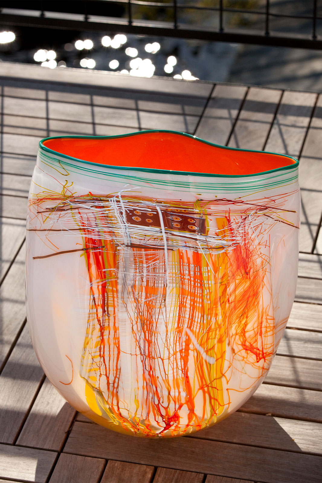 Tangerine White Soft Cylinder with Turquoise Lip Wrap, 2012 by Dale Chihuly