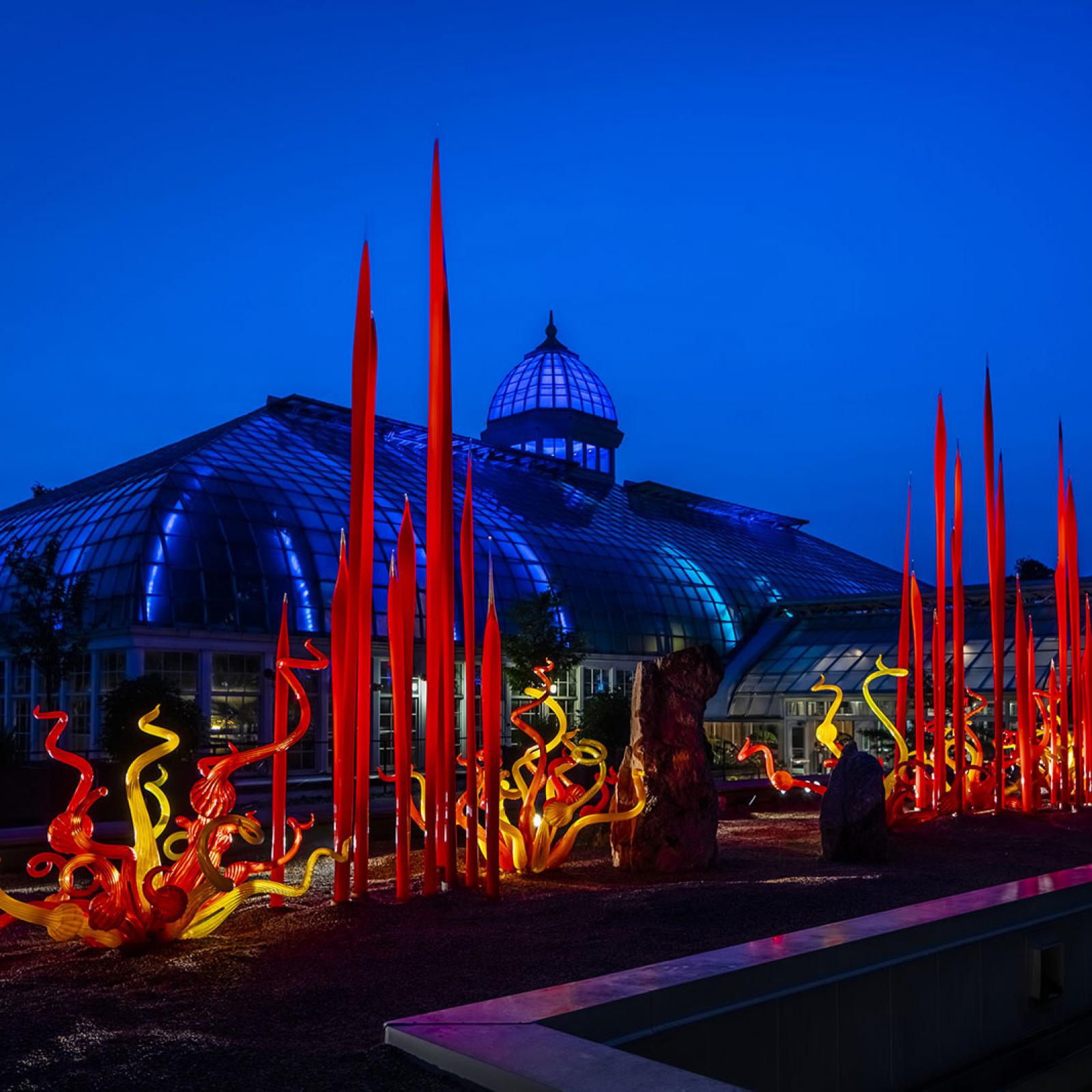 Red Reeds, 2003, and Sunset Sprays, 2019 by Dale Chihuly